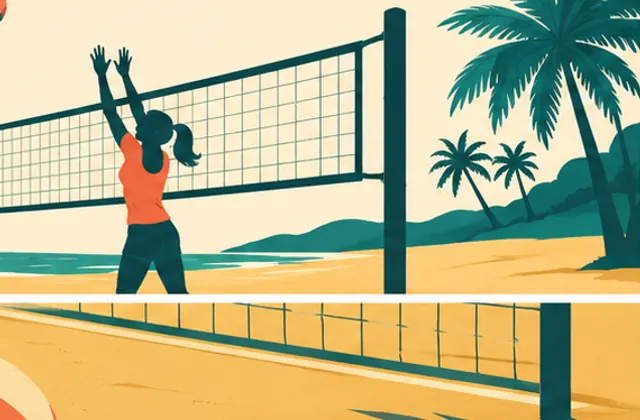 Beach volleyball players by the water